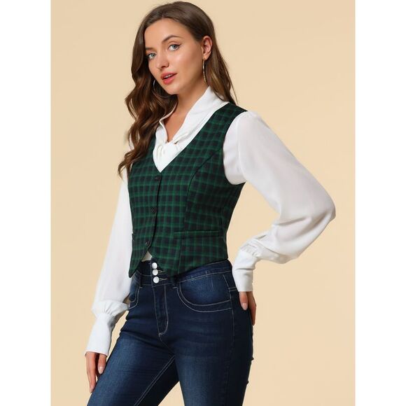 Womens Waistcoat Steampunk Dressy Sleeveless Jacket Racerback Suit Vests Green - Picture 4 of 6